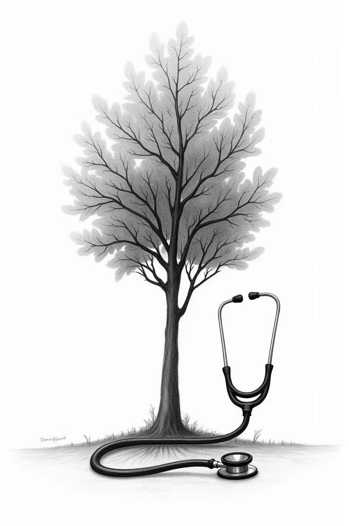 Stethoscope and a tree combination black and white pencil sketch