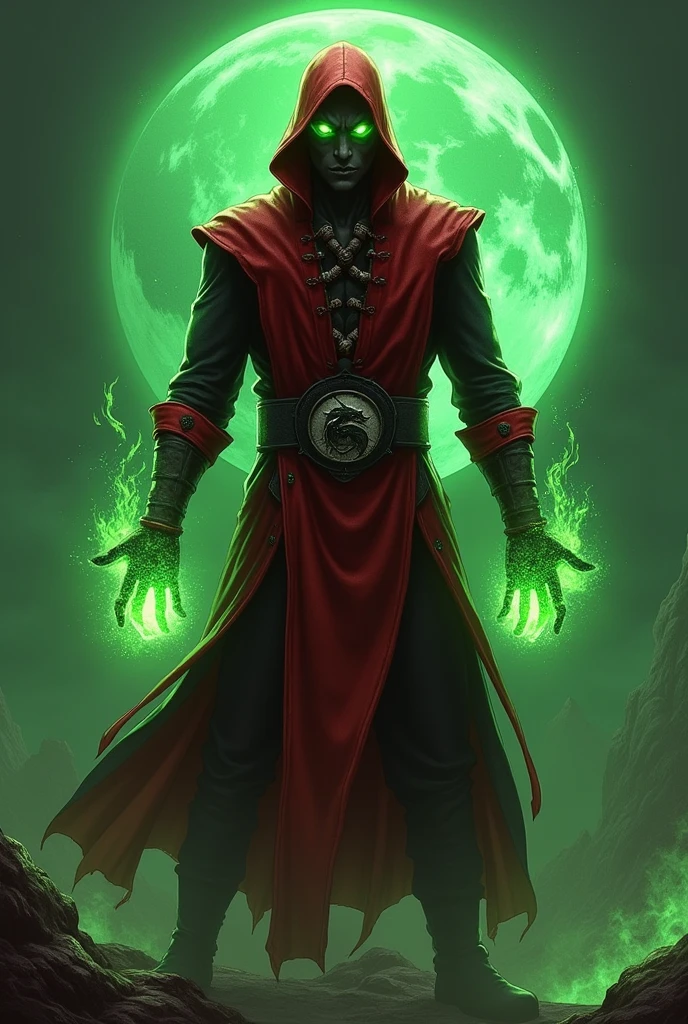 Drawing of Ermac character on Mortal Kombat game. He is in red. Eyes green flame, dead hands. In the background is planet Earth in a hellish green style. On the hands there is a green flame