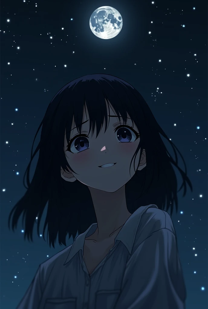 A girl, her jet black hair was loose, Both of his eyes are also jet black.. Looking at the moon and stars, who adorns the dark night sky with a sad gaze while smiling softly.