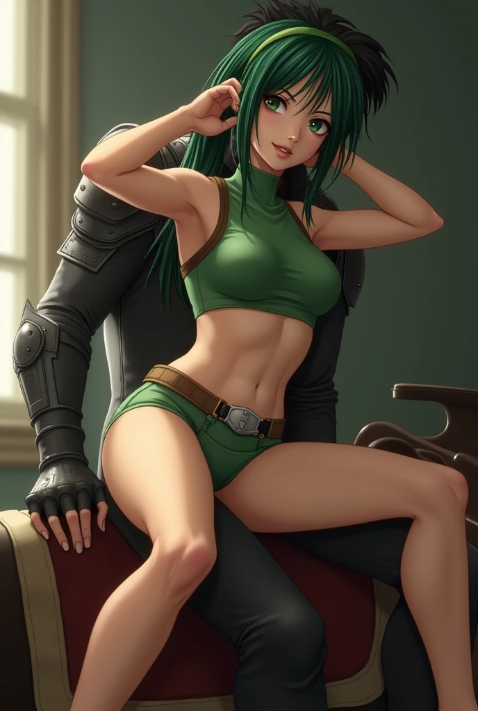 Girl with green hair, (realistic, highest quality, High resolution, real women pictures:1.57), realistic, (15 year old girl= in cowgirl position:1.7), curved body, anatomically correct body, (head band, green sleeveless turtleneck, shoulder armor, arm guard, shorts:1.87), beautiful navel, (slender body shape:1.7), nostrils are not visible, (Yuffie's lower body is exposed:1.97), nose too small, Yuffie spreads her legs wide open and straddles the man in cowgirl position., thin waist, beautiful thighs, beautiful feet, Beautiful depiction of the vagina, (The penis is in the vagina:1.74), (The body is wet with lotion), Detailed depiction of the vagina, beautiful girl has sex with a guy, saddle, (exact limbs:1.99), Yuffie's small face is beautiful, (Final Fantasy VII), (put your hands behind your head:1.5), (lips slightly open), Beautiful woman has sex with a man in cowgirl position, (Yuffie Kisaragi):1.97), ((a man exposes his penis:1.74)), Yuffie has the cutest face, 15 year old Yuffie, ((green turtleneck:1.7))