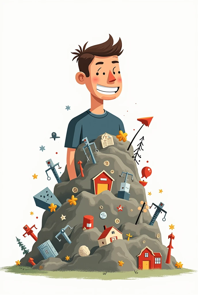 A cartoon cutout in white background of a man saying i am fine and looking at front with smile but buried and stuck under huge hill of a lot of obstacles like dream, work, family, financial pressure, home impacting his mental health