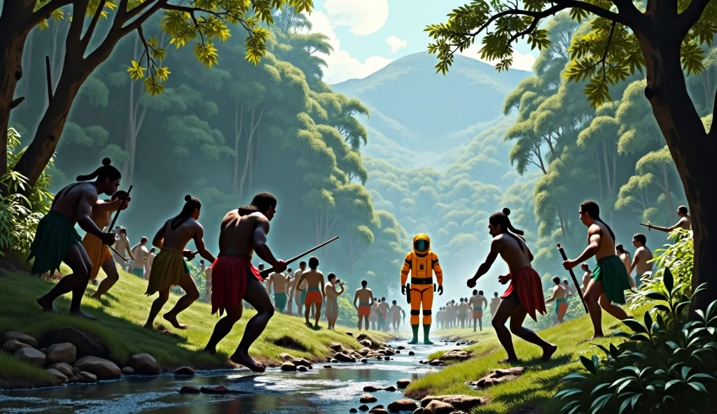 (masterpiece:1.2,of the highest quality,Super detailed,realist,Ultra high resolution camera),8k,Wallpaper,(normal scale indigenous people against orange astronaut. war encounter, fight in the river,(pandora forest, virgin forest and a river 2.0),Landscape painting,dynamic