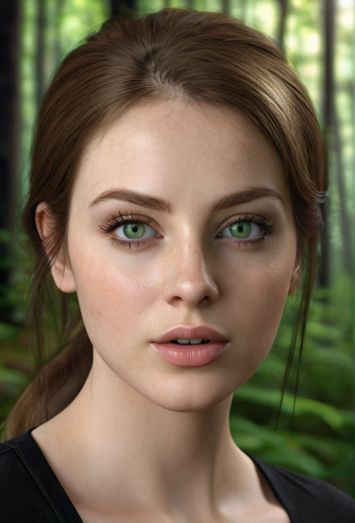 32 year old woman with light brown hair, White skin, green eyes, full frame in the forest, in a black tight T-shirt, jeans, beautiful detailed eyes, beautiful detailed lips, extremely detailed eyes and face, long eyelashes, high quality, 8 thousand., hyperrealistic, photorealistic, physically based rendering, bright colors, studio lighting, complex parts