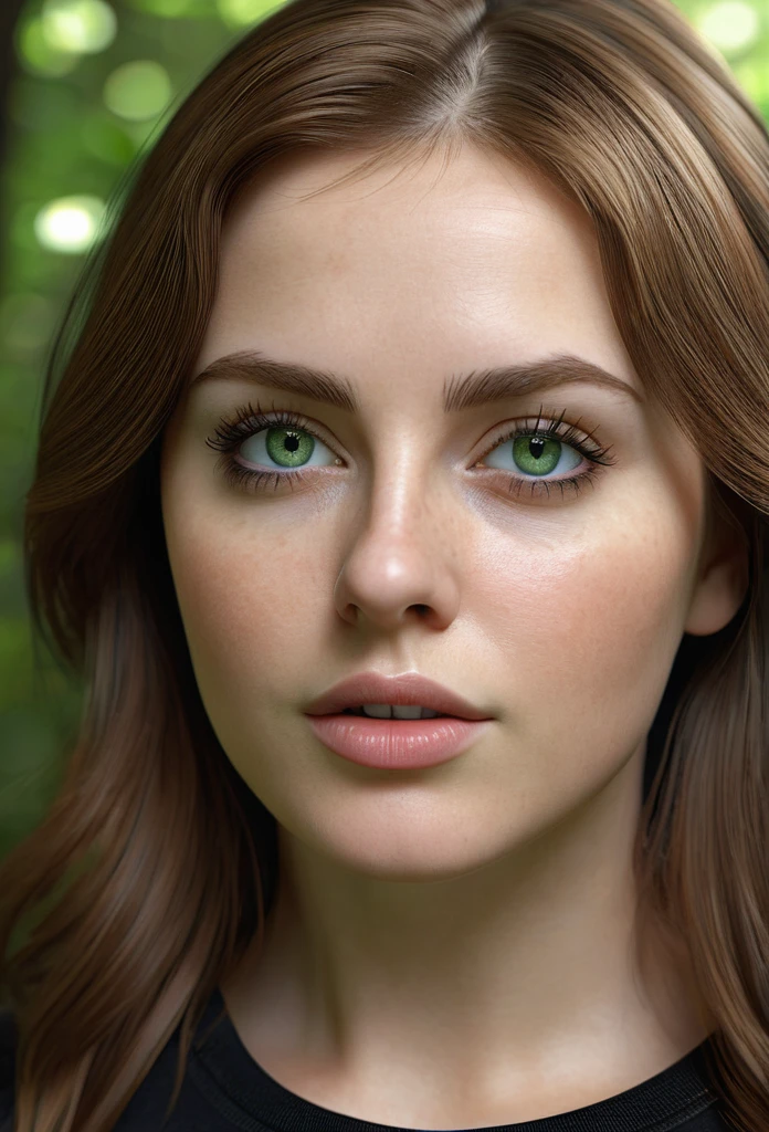 32 year old woman with light brown hair, White skin, green eyes, full frame in the forest, in a black tight T-shirt, jeans, beautiful detailed eyes, beautiful detailed lips, extremely detailed eyes and face, long eyelashes, high quality, 8 thousand., hyperrealistic, photorealistic, physically based rendering, bright colors, studio lighting, complex parts