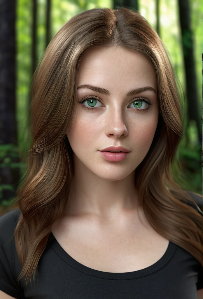 32 year old woman with light brown hair, White skin, green eyes, full frame in the forest, in a black tight T-shirt, jeans, beautiful detailed eyes, beautiful detailed lips, extremely detailed eyes and face, long eyelashes, high quality, 8 thousand., hyperrealistic, photorealistic, physically based rendering, bright colors, studio lighting, complex parts