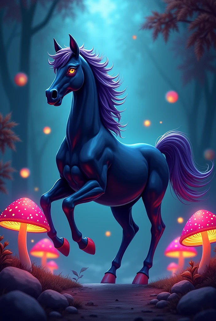 Cute fantasy horse,black Background,spotlight,comic,Steampunk,
, bokeh,mushrooms,glowing outlines,Pop Art stil,urban, autumn