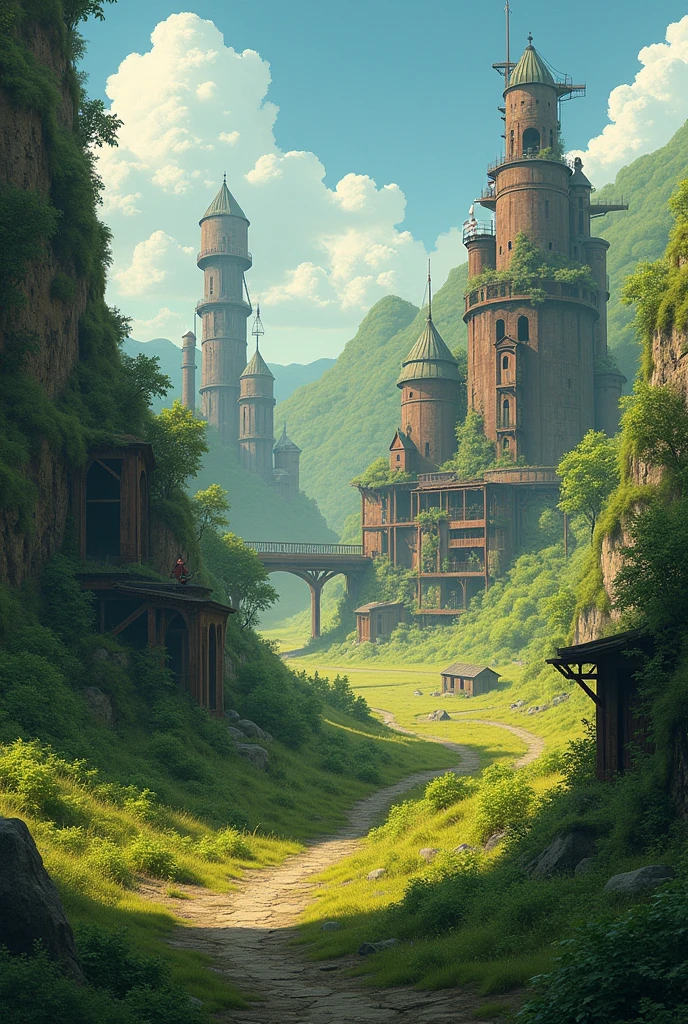 Draw a magical town,with huge mills and mechanisms that work with air,lies in ruins on the prairie, abandoned and already full of vegetation,mosses and different plants in houses in anime ghibli style