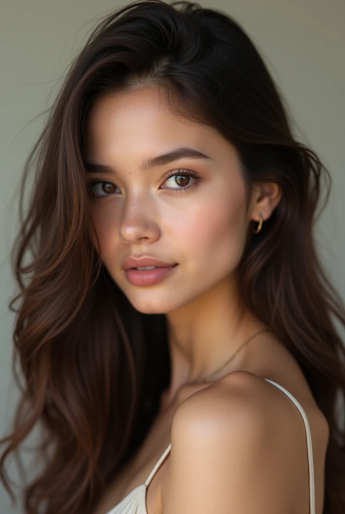 Photorealism,  beautiful brunette woman, soft features