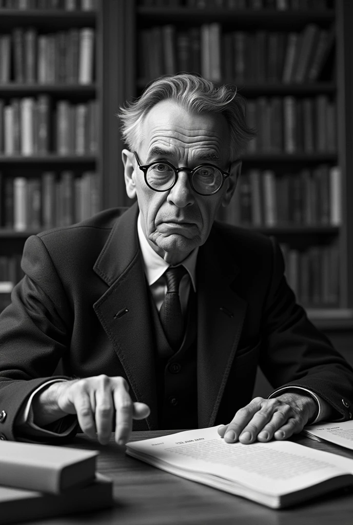 Create a realistic black and white image of Jean-Paul Sartre, capturing his distinctive physical features and presence. Depict Sartre with his signature round glasses, prominent facial features, and a thoughtful or introspective expression. Show him in a setting that reflects his intellectual and philosophical background, such as a study or library filled with books. Include subtle details that hint at his existentialist philosophy, perhaps through symbolic elements like a typewriter or philosophical texts. Use classic black and white photography techniques to emphasize the depth and character of his features, creating a timeless and evocative portrayal of the influential philosopher.