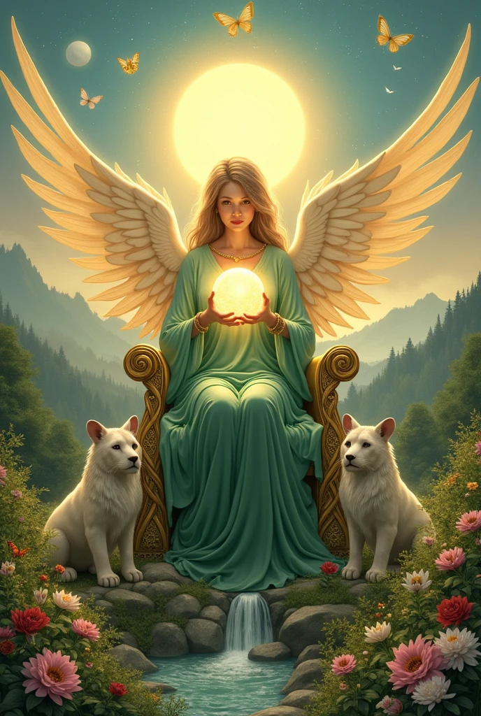 Create a stunning and serene image for the 'Queen of Spheres' card in the 'Lumen Angelis' tarot deck, inspired by the 'Queen of Pentacles' from the Rider-Waite tarot.

In the center of the scene, depict a regal and nurturing angelic queen, embodying the qualities of abundance, care, and stability. The queen is seated gracefully on a magnificent throne made of intertwining golden vines and adorned with blooming flowers and lush foliage, symbolizing her deep connection to nature and the nurturing aspects of the Earth.

She is depicted as a serene and ethereal figure with soft, flowing robes that shimmer in shades of emerald green and gold. Her wings are large and luminous, gently arched behind her as if embracing her surroundings. Her expression is one of gentle kindness, exuding warmth and compassion. The queen holds a radiant, golden sphere delicately in both hands, close to her heart, representing the care and protection she offers to those she loves and the prosperity she nurtures.

At her feet, a lush garden blooms with vibrant flowers, rich greenery, and cascading streams, symbolizing the flourishing life and abundance that the Queen of Spheres fosters. Small creatures of light, such as glowing butterflies and ethereal rabbits, gather around her, reflecting the life-affirming energy she emanates.

In the background, a grand and tranquil landscape unfolds, with rolling hills, dense forests, and a clear blue sky that transitions into a soft, golden sunset. The horizon is touched by the glow of the setting sun, casting a warm light over the queen and her surroundings, emphasizing the balance between the material and the spiritual that she represents.

On either side of her throne, two majestic creatures, resembling winged lions with glowing eyes, stand as her guardians. They represent the strength and protection that surround her, ensuring that the prosperity she oversees remains secure.