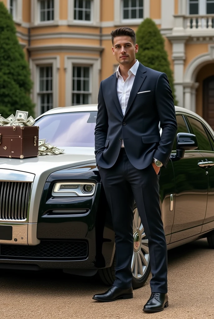 A 25 year old man with coat suit and with muscular body and standing aside on new rolls royce ghost and a lotsof money in a big suit case on the car hood and the background in a big house , picture took from 50 mitre away