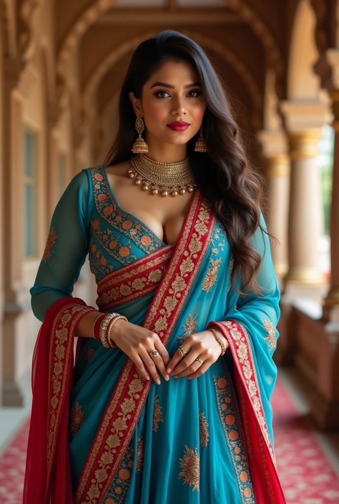 (8k, RAW Photos, Highest quality, masterpiece: 1.2)、Very detailed、Super Resolution、(Full body photography)、Natural color lip、Heavy eye makeup、(Indian female wearing blue and red salwaar kurta 1.2), Gorgeous Accessories、Straight Hair、C cup breasts(Background of a royal banquet hall with luxury view1.2)、(Dynamic Sexy Pose 1.2)、(Gorgeous Theme 1.2)、(With mild cleavage 1.2) Full length photograph, head to sandals length. Indian female 3, vertical length.