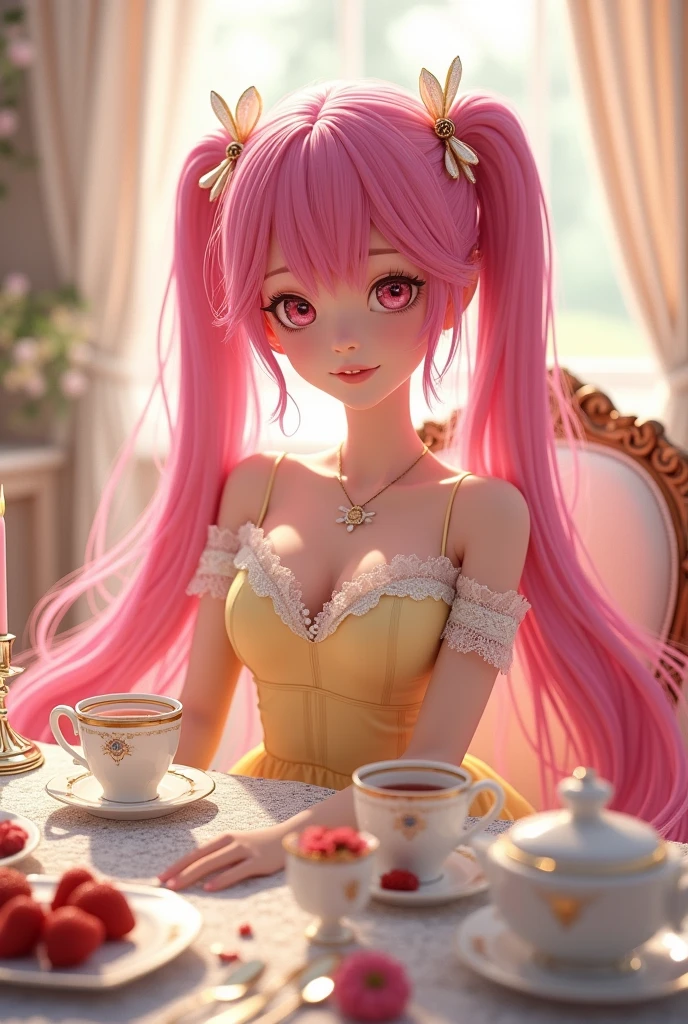 raspberry colored hair。Long twin tails。Pink eyes。Lady in a lemon-colored dress。Pearl ornaments。Tea party。