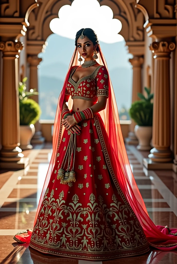 (8k, RAW Photos, Highest quality, masterpiece: 1.2)、Very detailed、Super Resolution、(Full body photography)、Natural color lip、Heavy eye makeup、(Indian bridal traditional dress, salwaar kurta 1.2), Gorgeous Accessories、Straight Hair、C cup breasts(Background of a royal banquet hall with luxury view１.2)、(Dynamic Sexy Pose 1.2)、(Gorgeous Theme 1.2)、(With mild cleavage 1.2) Full length photograph, head to sandals length. Indian female 3, vertical length. 