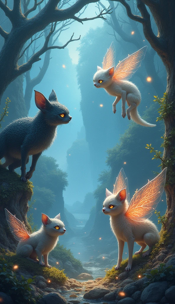 Various fantastical creatures roaming the land of Vyrelyn. These could include beings with glowing eyes and translucent wings, mystical animals with intricate patterns on their fur or scales, and gentle, mythical creatures like floating orbs of light. Each creature exhibits unique, magical traits that blend seamlessly with the surreal landscape.