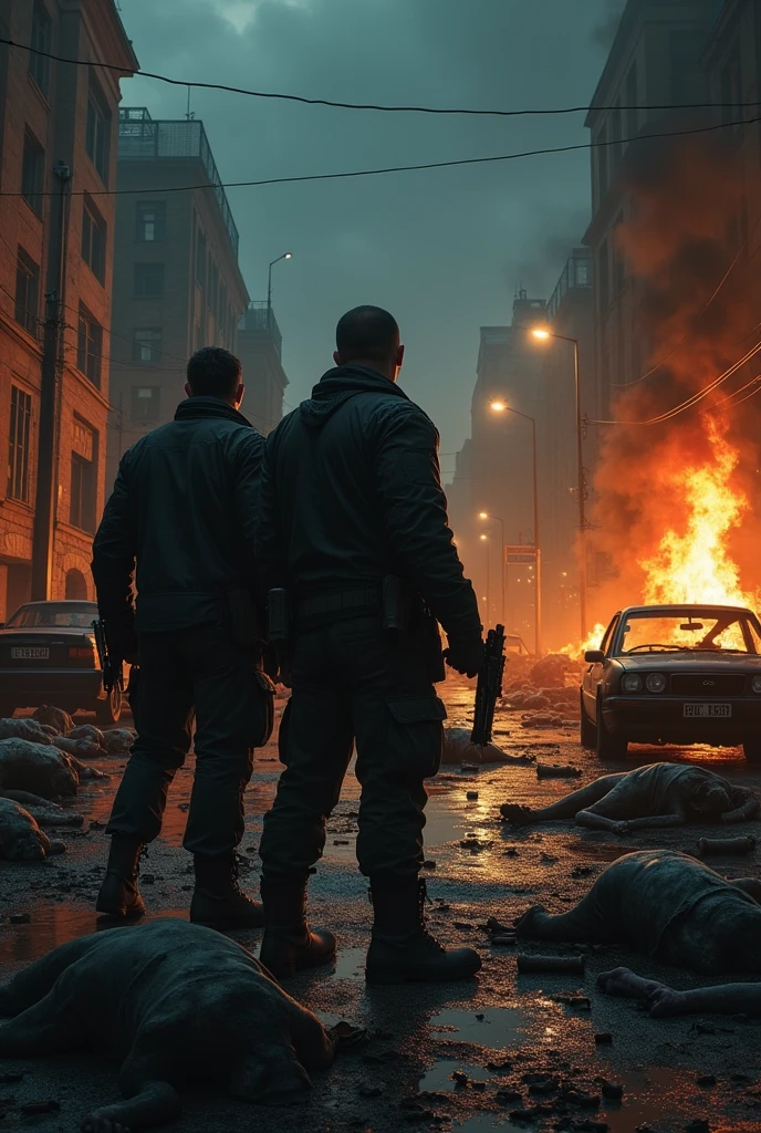 1992 A nighttime massacre in an industrial area of St. Petersburg. Bodies of victims lie tered amidst burning cars, with gangsters holding weapons, coldly surveying the aftermath. The scene is lit by the flickering flames and the eerie glow of streetlights, creating a sense of horror and brutality.