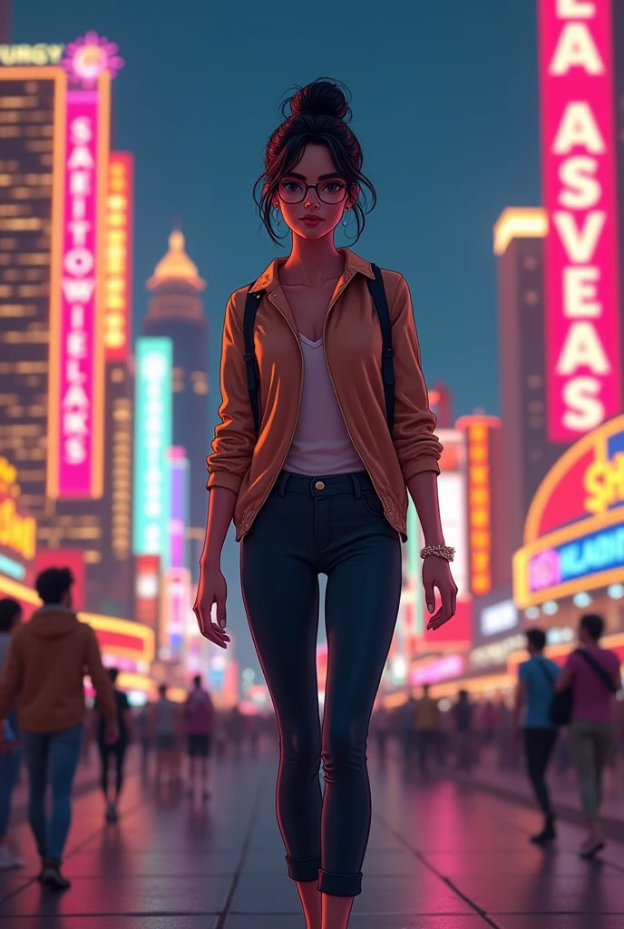 ARAB GIRL WEARING LEGGINGS AND HAIR IN A BUN WITH GLASSES WALKING LAS VEGAS STRIP