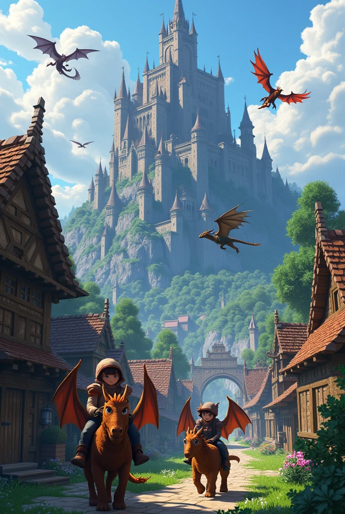 A group of players in a medieval village in a world with dragons as their currency and many other mythological creatures in minecraft in an epic adventure with an epic castle on the mountain with dragons surrounded by players riding on the dragons