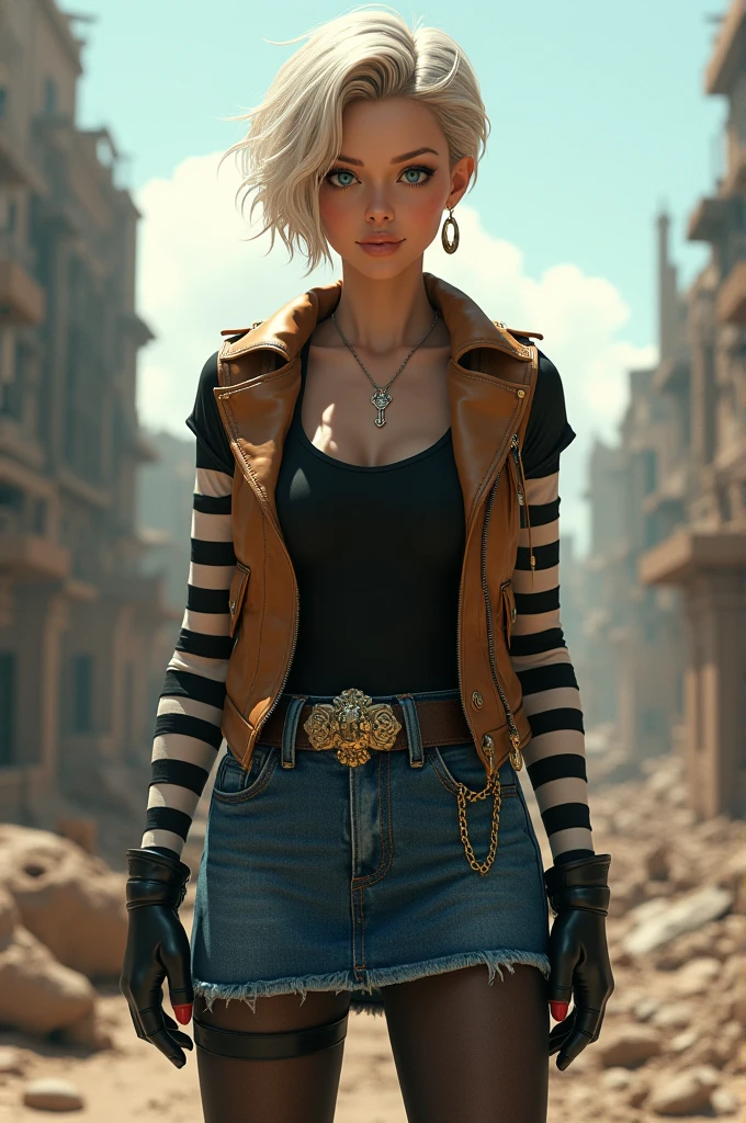 Best Quality, High resolution, Y18, 1 girl, Android 18, solo girl, by rubio, blue eyes, belt, Boots, tight blue denim skirt, gold necklace, black shirt, short hair, Striped long sleeves, earrings, open vest, denim dress, medium breasts, cowboy shot, City View, straight, (climate: Windy), Nice smile, full length pantyhose, battle ruins, flying