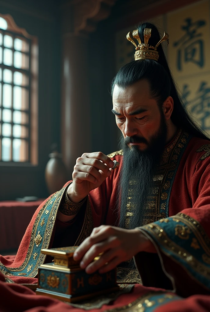 Close-up shot, extreme Low angle shot, (In an intimate, almost eerie scene, Qin Shi Huang is alone in his royal chambers, the walls adorned with tapestries and ancient Chinese calligraphy. His hand trembles slightly as he lifts a small, ornate box, revealing several mercury pills inside. His face is pale, with dark circles under his eyes, showing the toll of his obsession. He swallows one of the pills, his expression a mix of hope and fear, as if aware of the danger but driven by his desire for immortality. The background is a luxurious chamber with a large, intricately carved bed, a window showing the moonlit night outside, and a sense of foreboding in the air) unreal engine, cinematic, hyper-real, highly detailed, Ultra realistic HD --q 2 --v 6.1 --ar 9:16