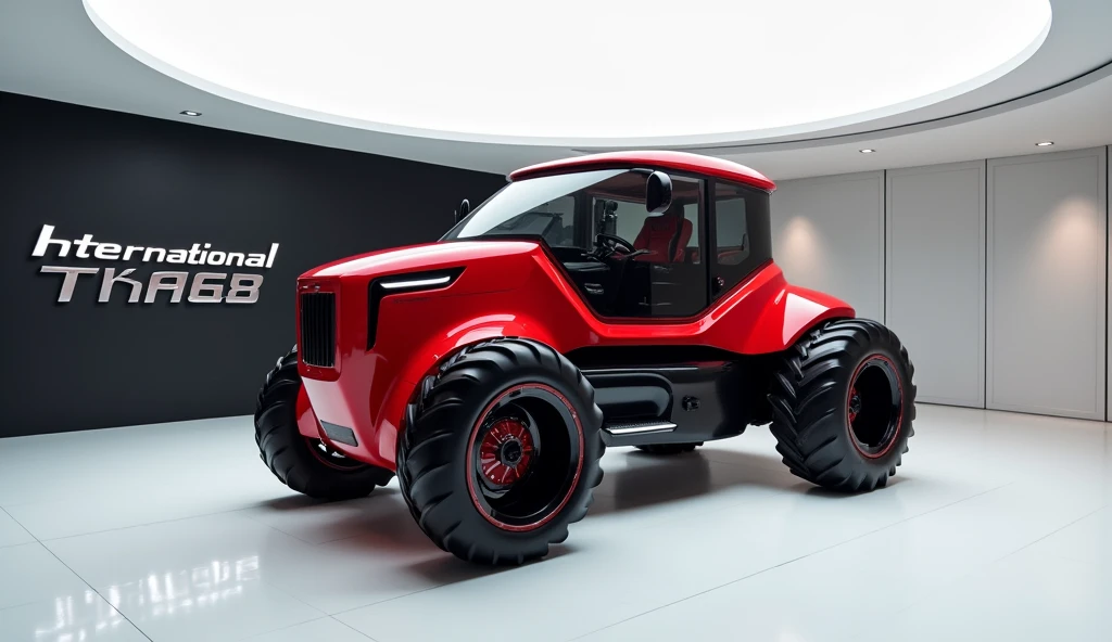 A stunning, futuristic tractor (international tractor 1468 ) takes center stage in a luxury white showroom. The vibrant (red) exterior gleams, drawing attention to its sleek, aerodynamic design and bold accents. The tractor( international tractor 1468) " is prominently displayed in large, metallic letters on the tractor, set against a dark wall. The ( front left view, ) view showcases the cutting-edge innovation and technology of its time, inviting potential buyers to experience the future of automotive design and performance. This awe-inspiring image promises an unparalleled driving experience. Tractor ki picture do yah aap kya de rahe ho