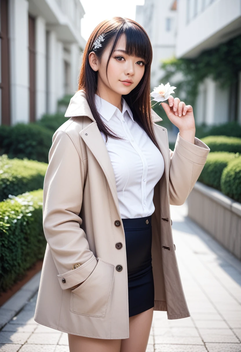 8k, raw photo, best quality, masterpiece, realistic, photo realistic, clear, professional lighting, beautiful face, best quality,ultra high res, realistic japanese beautiful, Super detailed, detailed fingers, solo, 1girl, bangs, shiny hair, detailed hair, medium breasts, curvy, duffel coat, outdoors, Standing, full body, (snowscape:1.2)