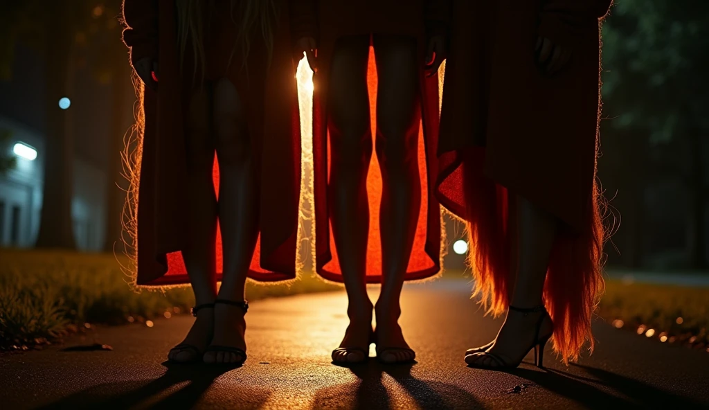 moody instagram photo, lower body photo of 3 woman, from below, dressed in long oversized sweater, teasing nudity, dirty fiery red hair, color gradient, bright tips of hair, sun-kissed skin, happy, cute smile, beautiful hazelnut eyes, hard shadows, dark, nighttime, overexposed filter, silhouetted against the bright light