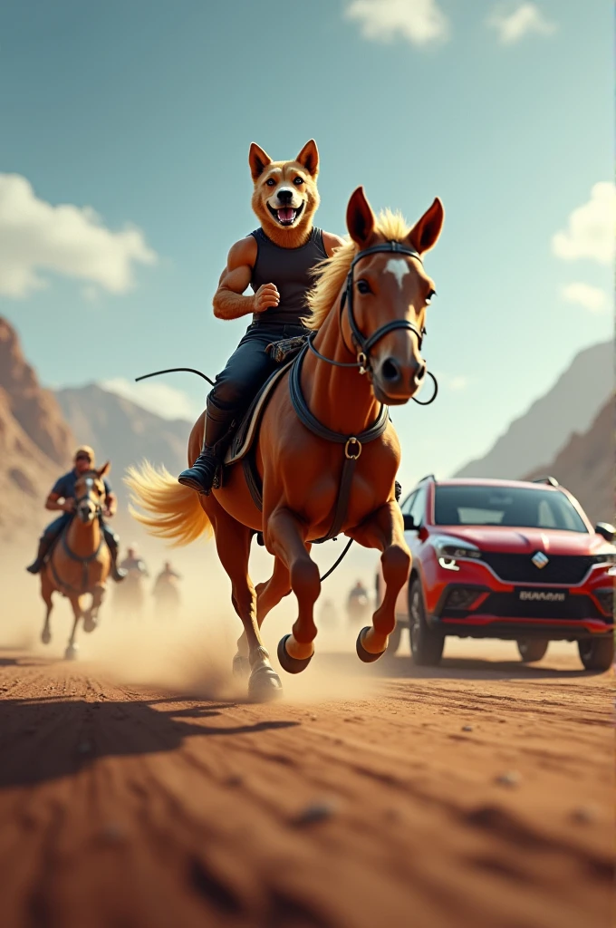 A dog riding a horse to win a race against buggati Veyron and maruti suzuki alto