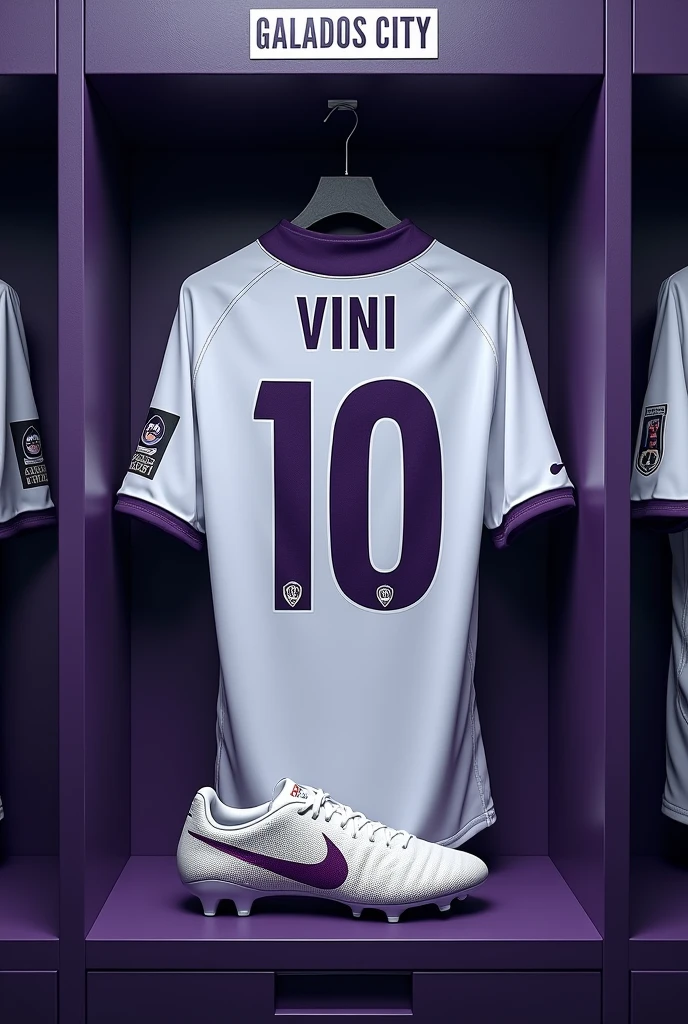 football locker room with a football player's cabin ( There should be no person in the image) In this cabin there will be a white shirt with purple details on the collar and sleeve. The shirt must be showing the back with the name VINI highlighted and the shirt number must be number 10., must have a nike tiempo legend 9 boot, the cabin at the top must contain the name of the club which is GALADOS CITY
