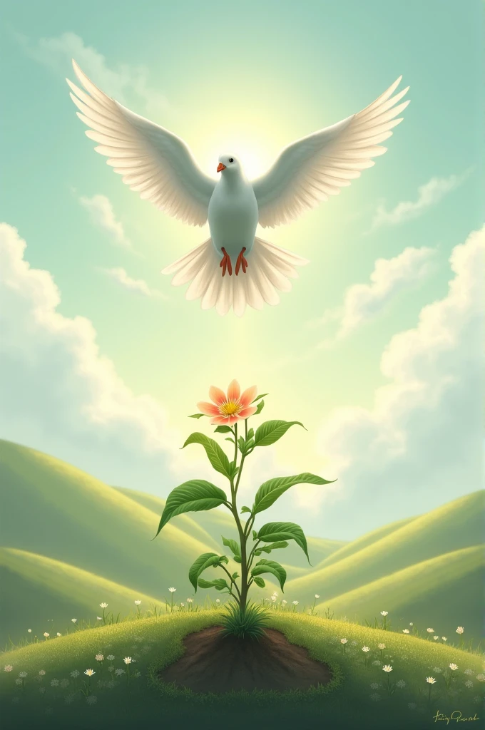 A dove descending from heaven to earth and a plant growing from ground.