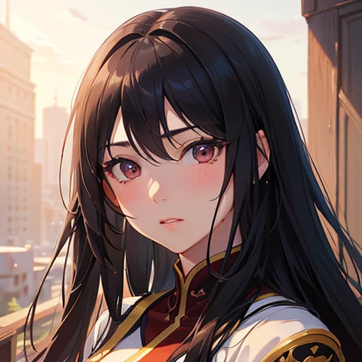a cute anime girl,portrait,young martial artist,shy expression,blushing cheeks,long dark hair,dark eyes,detailed facial features,highly detailed,masterpiece,photorealistic,cinematic lighting,vibrant colors,digital painting,beautiful detailed eyes,beautiful detailed lips,extremely detailed eyes and face,long eyelashes,soft lighting,dynamic pose