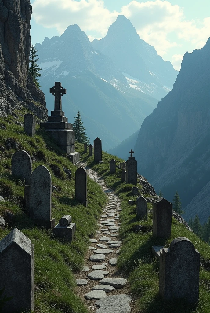 hidden cemetery on top of a mountain, accessible only by a narrow trail