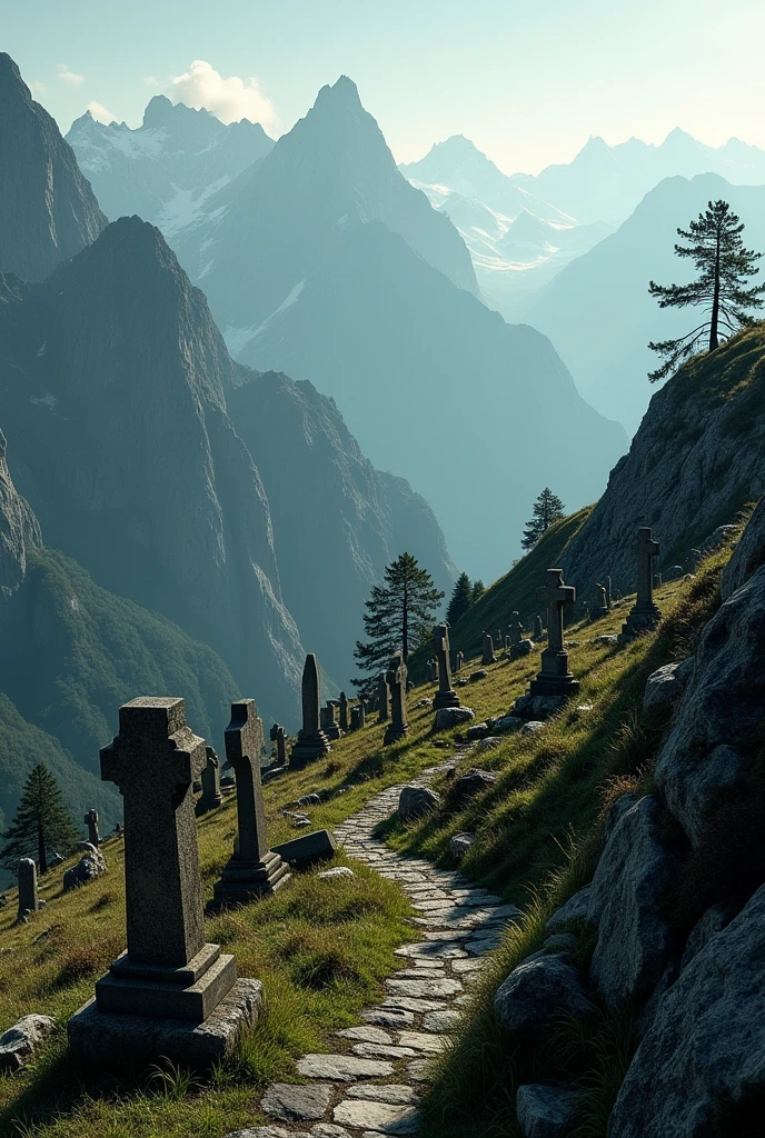 hidden cemetery on top of a mountain, accessible only by a narrow trail