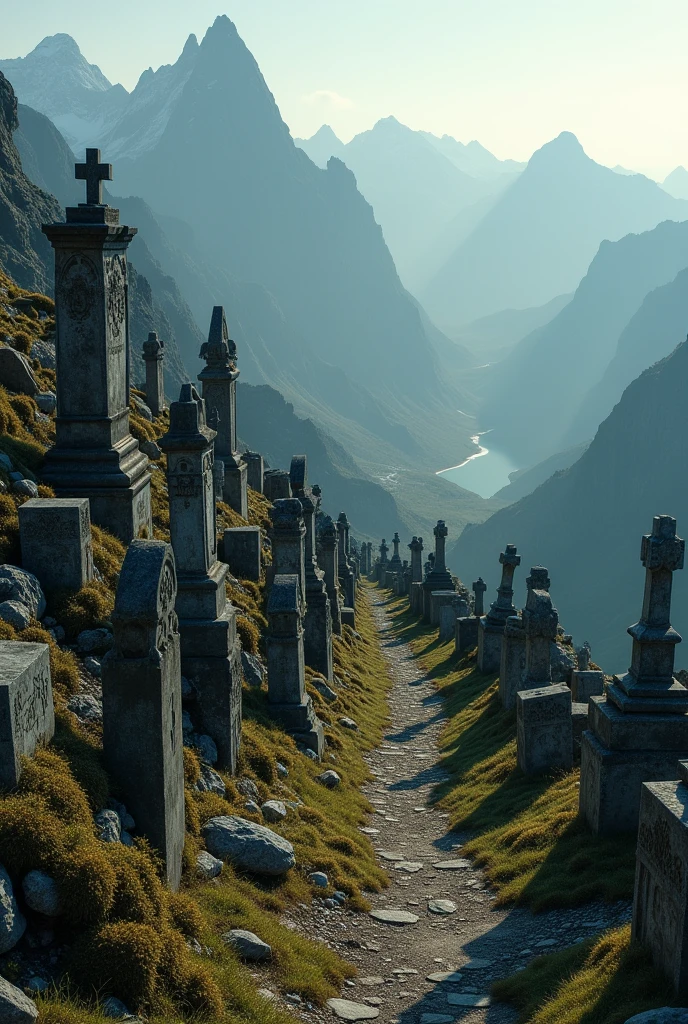 hidden cemetery on top of a mountain, accessible only by a narrow trail