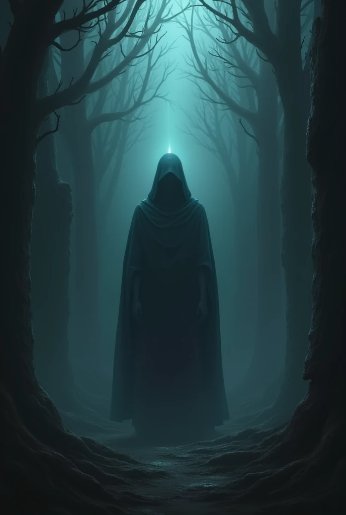La photo est prise dans un décor obscur et mystique, peut-être une forêt sombre ou un château en ruines. Une lueur sinistre émane de son corps, créant des ombres inquiétantes autour d'elle.