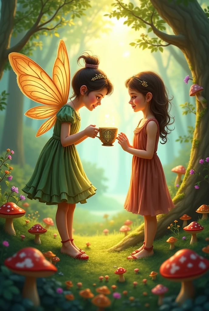 "A fairy handing Maya a cup of magical tea with a mischievous smile."