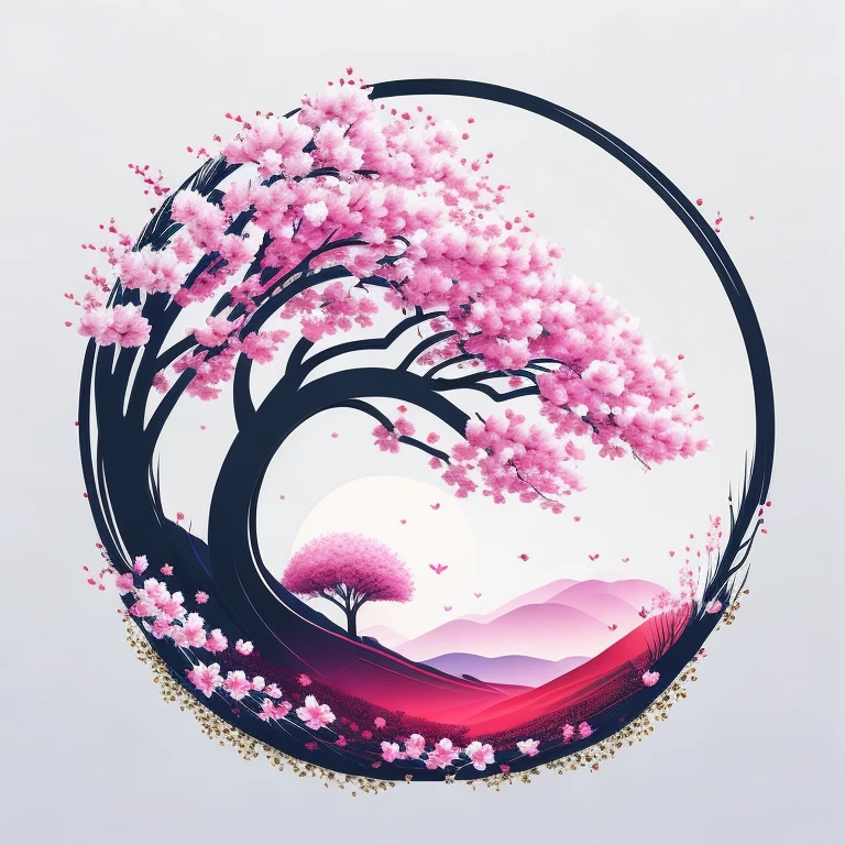 A cherry blossom tree in spring landscape, t-shirt design, rzminjourney, vector art, circular silhouette, white background