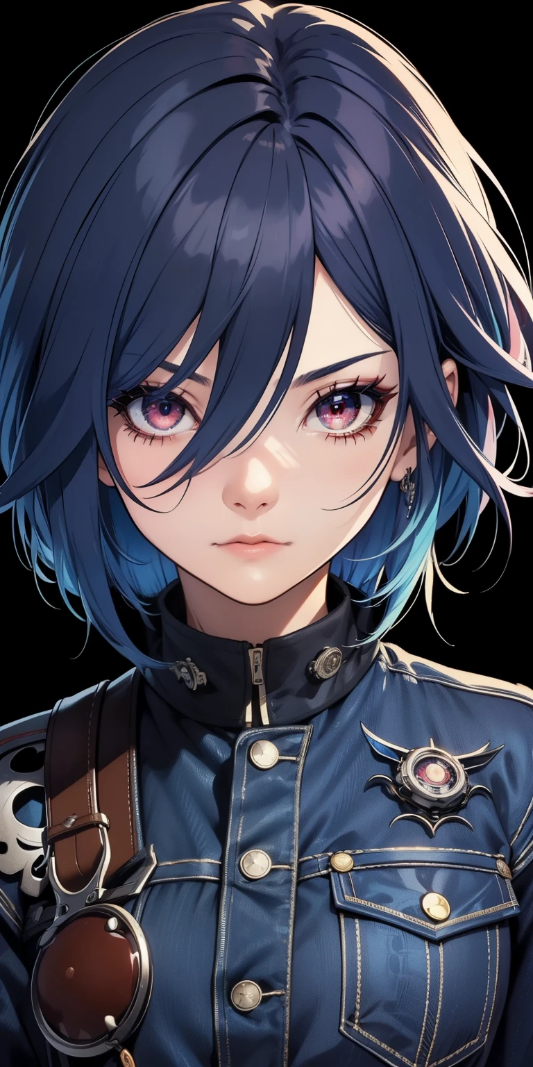 Masterpiece,detailed,High Resolutions:1.4) , Model photo, close, detailed face, fine and detailed eyes,, (Kirishima Touka),medium blue hair,ojo ghoul,retro jacket,Ghoul of Tokyo,Retrofuturistic background, vibrant colors, HDR,, ,