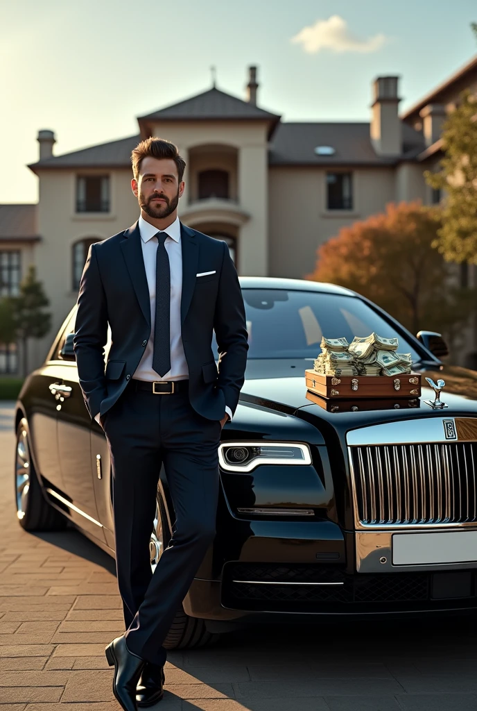 A 25 year old man with coat suit and with muscular body and standing aside on new rolls royce ghost and a lotsof money in a big suit case on the car hood and the background in a big house , picture covers whole car and house

