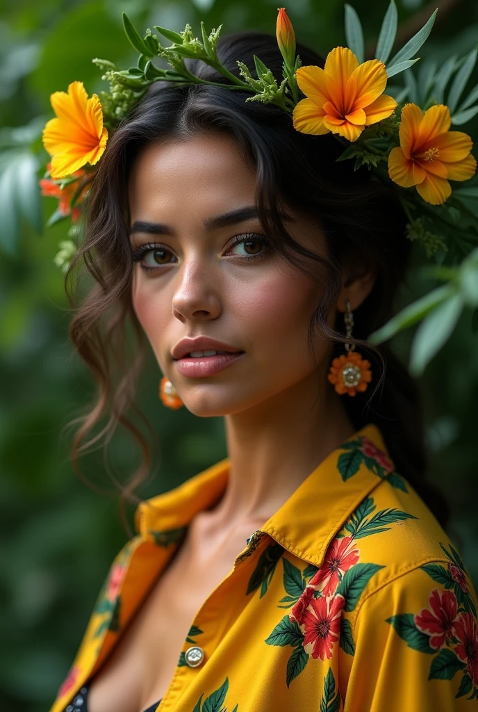A Brazilian woman in a lush tropical garden, wearing an open shirt with a floral print, with a close-up capturing the harmonious beauty between her breasts and the natural flowers, showing off your natural charm and outgoing personality.