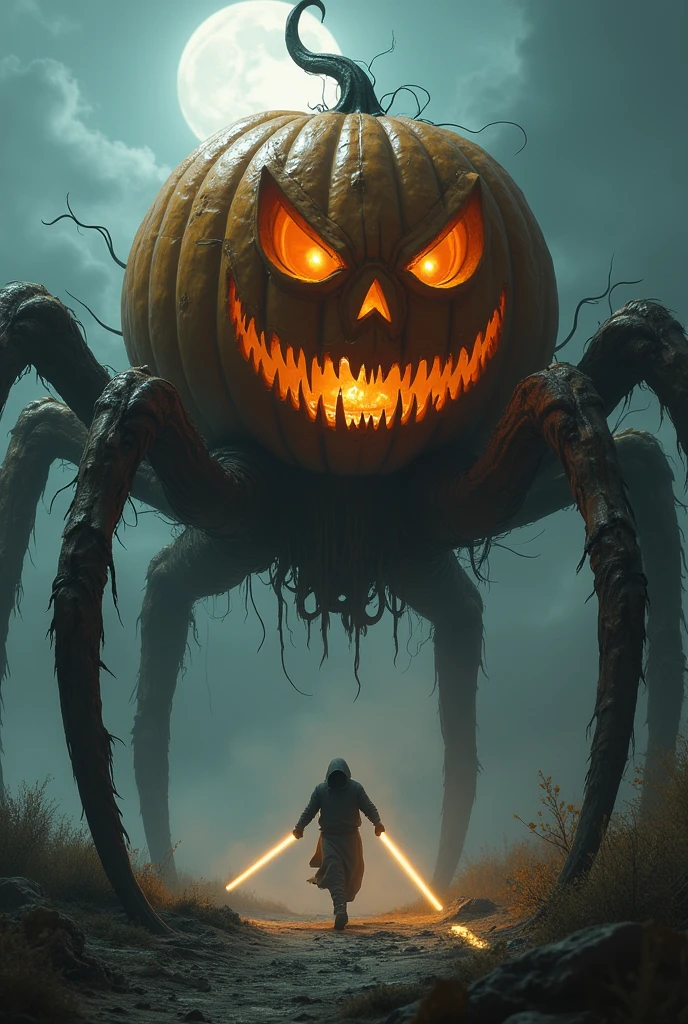 Giant scary pumpkin with spider legs that carry it around, a carved face, and orange lasers shooting from its eyes