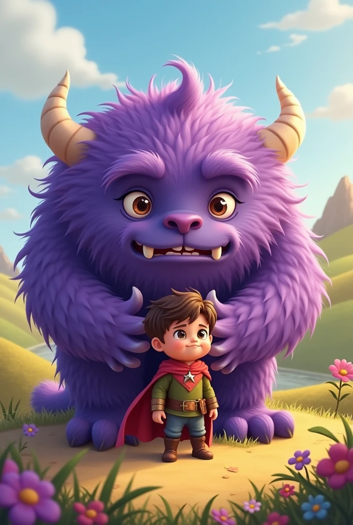The hero and the purple hairy monster are best friends. The little hero protects the purple hairy monster.