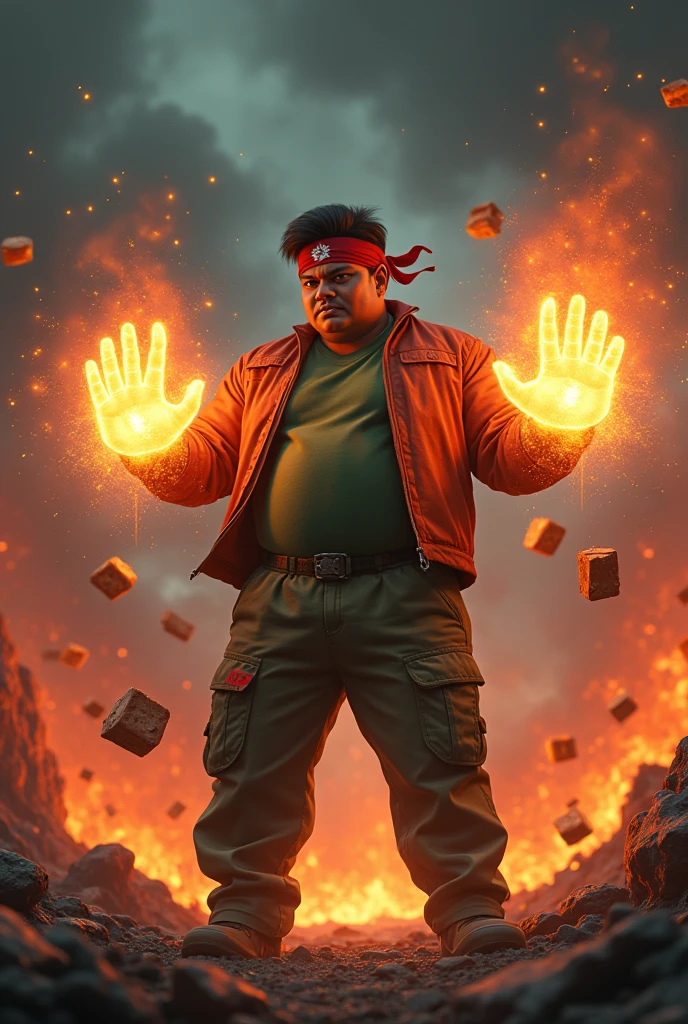 a man real teenage 19 year old bangladesh, nepal (fat body. belly fat chubby body type.) sharp eyes. chubby face. dark skin. man . Anger face. Open mouth.headbband red whitr. . wearing an (green red stripe jacket) future shirt . anger faces, short hairstyle . Dramatic.. stand on lava ,( camouflauge green)cargo pant,, detailed face, cinematic lighting, dramatic atmosphere,.hot day. vibrant colors, 8k, high quality, photorealistic. Hero suit.. hand light green power dark power from his hand. Glowing magic element magic elment from hand, ember everywhere . ,army green logo design on pant . Very strong. Future design dress. Very epic. Very hot background.. dark sky. Very strong . . Flying floating pizza, candy. chocolate bar everywhere..Shadow Imitation sharp shape power from hand .rasengan . at volcano Damage building. Floating small rock everywhere.