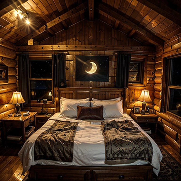 Inside a cabin. The spectator admires the starry moonlight. With a greenish tint