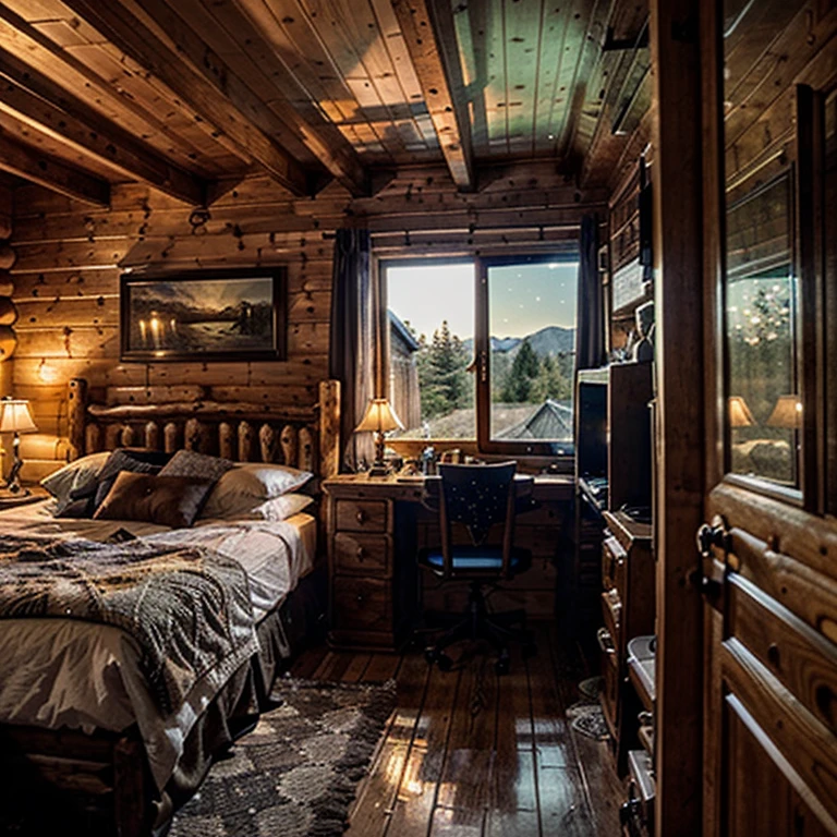 Inside a cabin. The spectator admires the starry moonlight. With a greenish tint