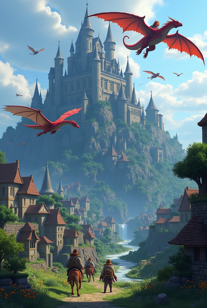 A group of players in a medieval village in a world with dragons as their currency and many other mythological creatures in minecraft in an epic adventure with an epic castle on the mountain with dragons surrounded by players riding on dragons in minecraft