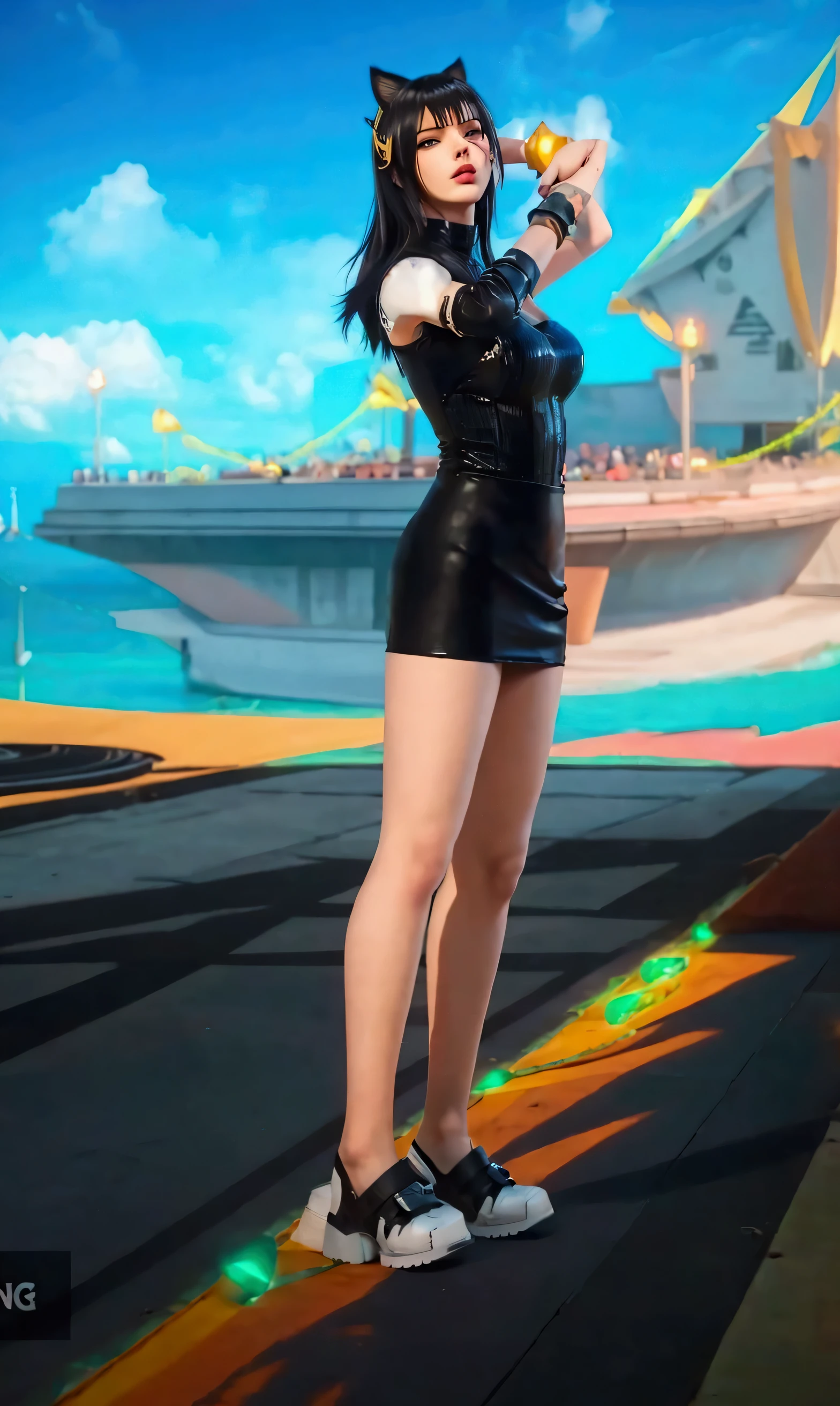 there is a woman in a short skirt and a cat costume, tracer in a skintight dress, character from king of fighters, succubus in tight short dress, nico robin, tifa, sleek legs, katarina, badass pose, irelia from league of legends, leeloo outfit, ingame image, tifa lockhart