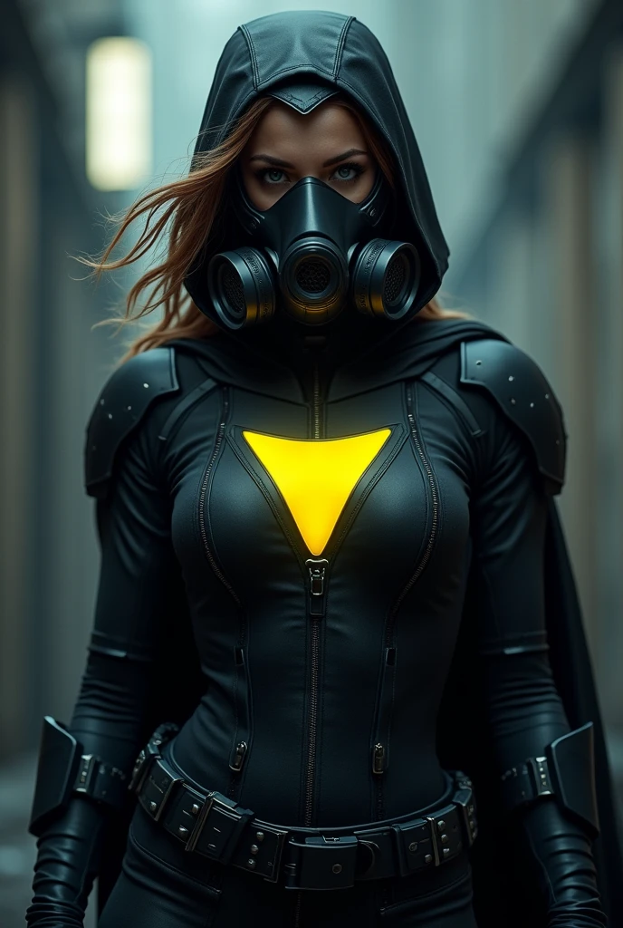 WOMAN hero, DARK glue , YELLOW triangle on the chest, ARTPOP gas mask