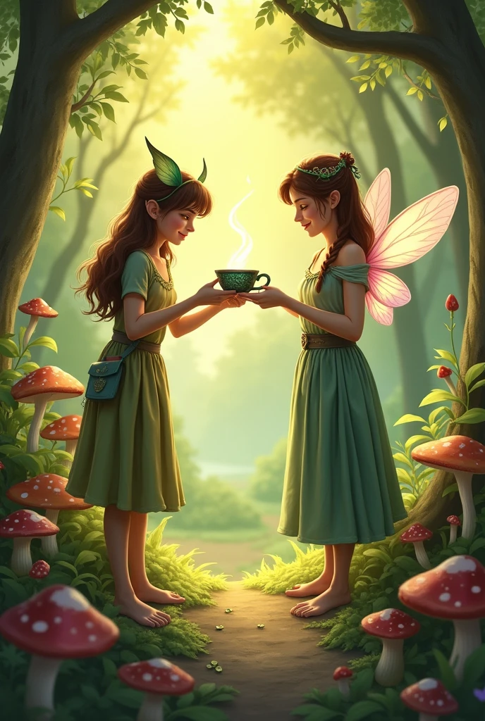 "A fairy handing Maya a cup of magical tea with a mischievous smile."