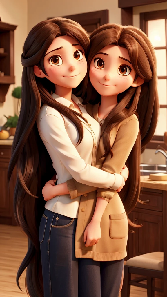 Girl with long black hair hugging her mother with long brown hair